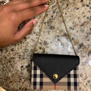 Vintage Burberry check & leather card case w/ gold strap (black)